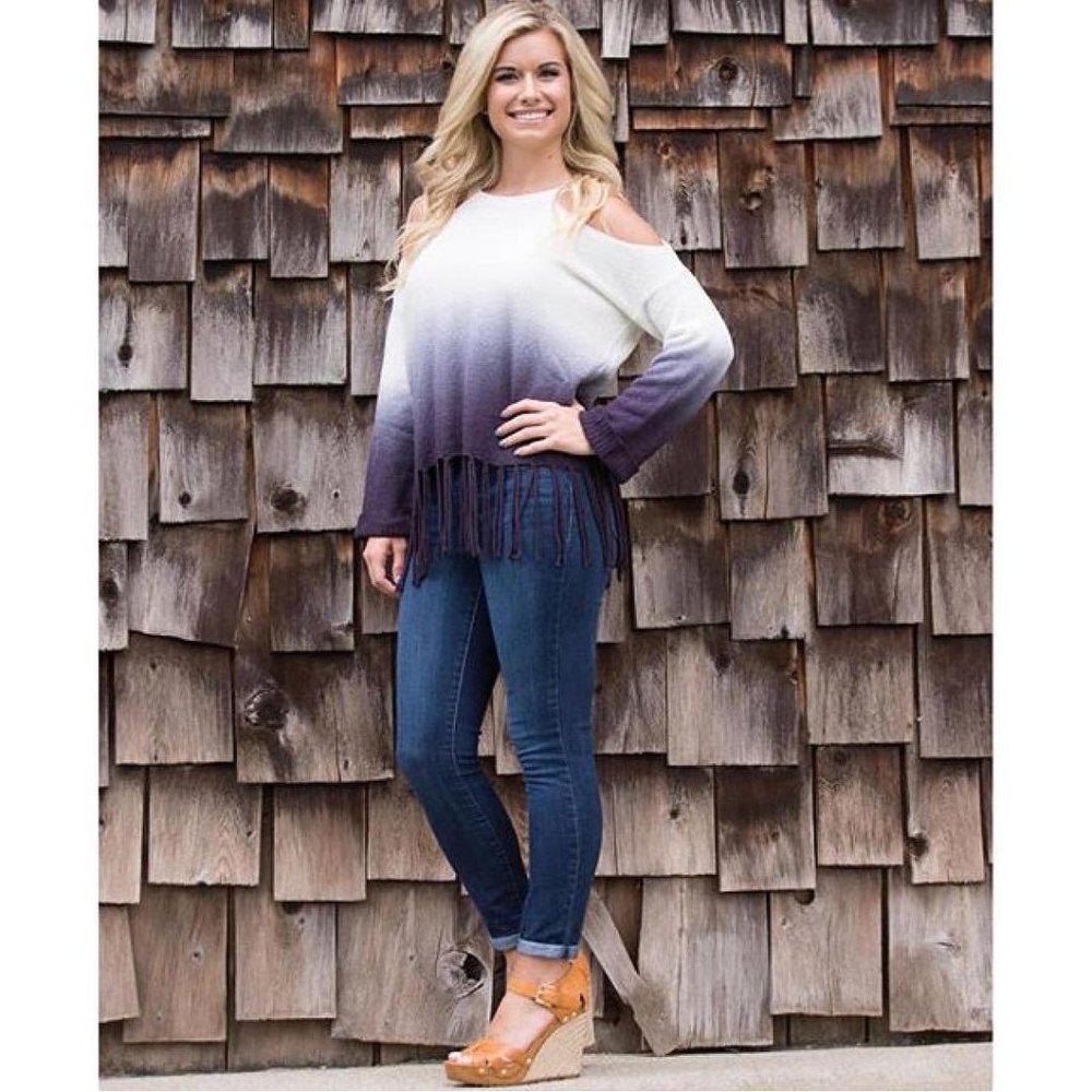 Umgee Ombre Cold Shoulder Fringe Sweater, Navy - Picture 1 of 6